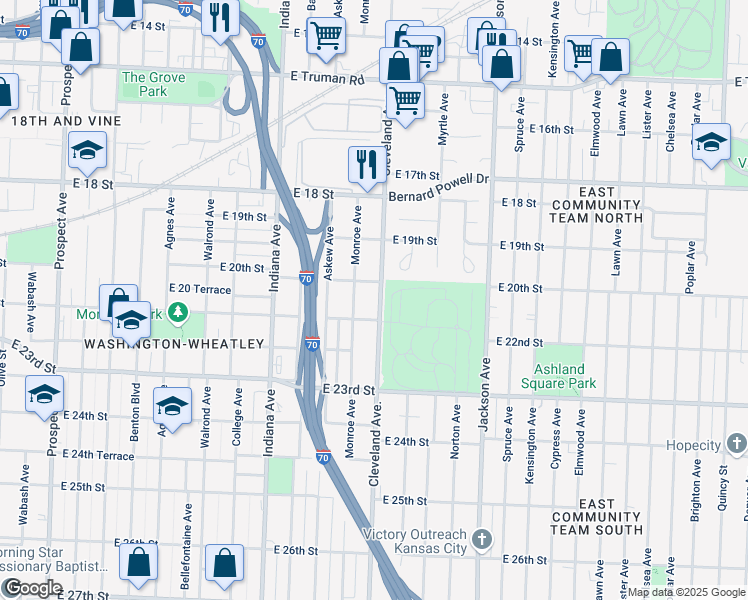 map of restaurants, bars, coffee shops, grocery stores, and more near 2014 Cleveland Avenue in Kansas City
