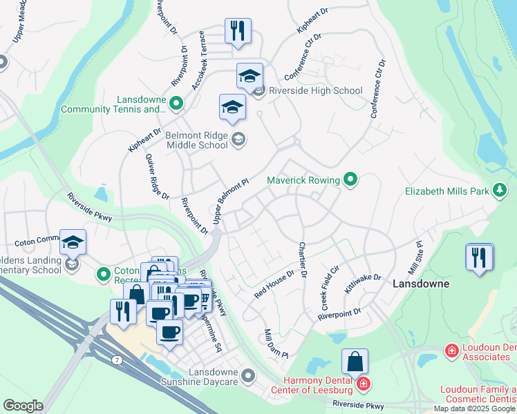 map of restaurants, bars, coffee shops, grocery stores, and more near 19121 Eagle Mine Terrace in Leesburg
