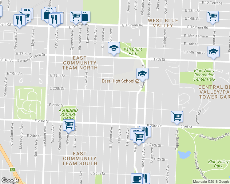map of restaurants, bars, coffee shops, grocery stores, and more near 2001 Brighton Avenue in Kansas City