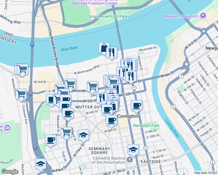 map of restaurants, bars, coffee shops, grocery stores, and more near 5 West 4th Street in Covington