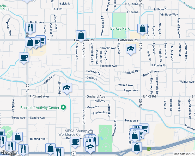 map of restaurants, bars, coffee shops, grocery stores, and more near 2960 1/2 Cedar Place in Grand Junction