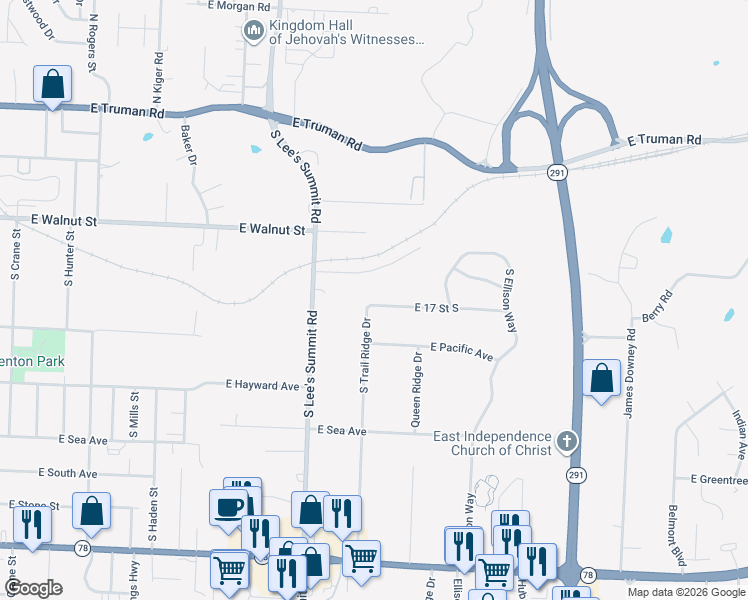map of restaurants, bars, coffee shops, grocery stores, and more near 16002 East 17 Street South in Independence