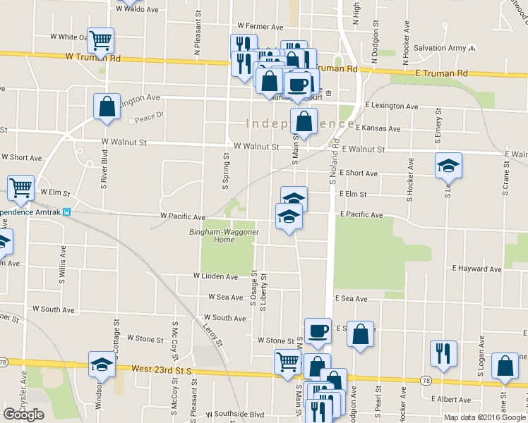 map of restaurants, bars, coffee shops, grocery stores, and more near 524 South Liberty Street in Independence