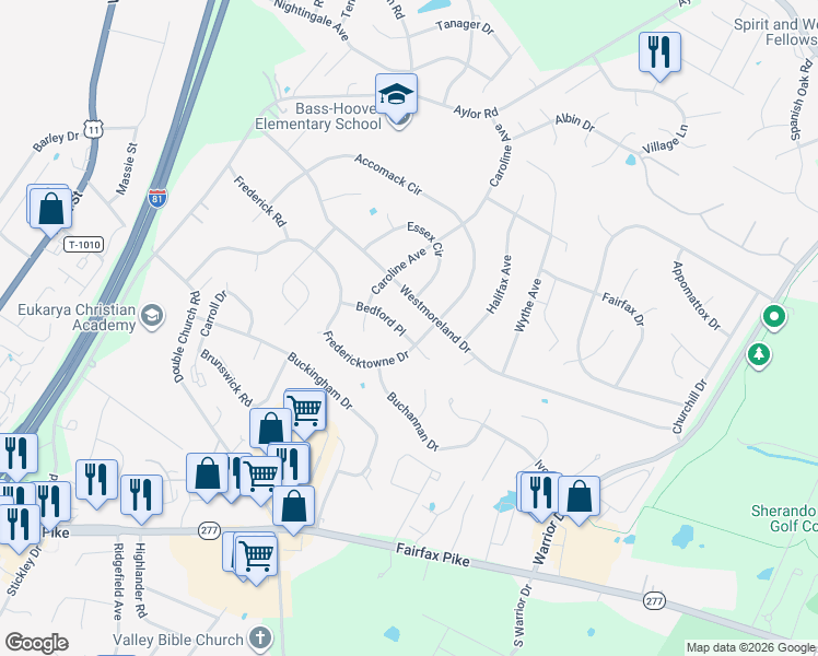 map of restaurants, bars, coffee shops, grocery stores, and more near 211 Bedford Place in Stephens City