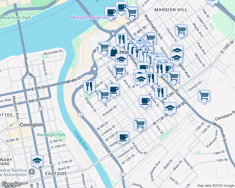 map of restaurants, bars, coffee shops, grocery stores, and more near 740 Liberty Street in Newport