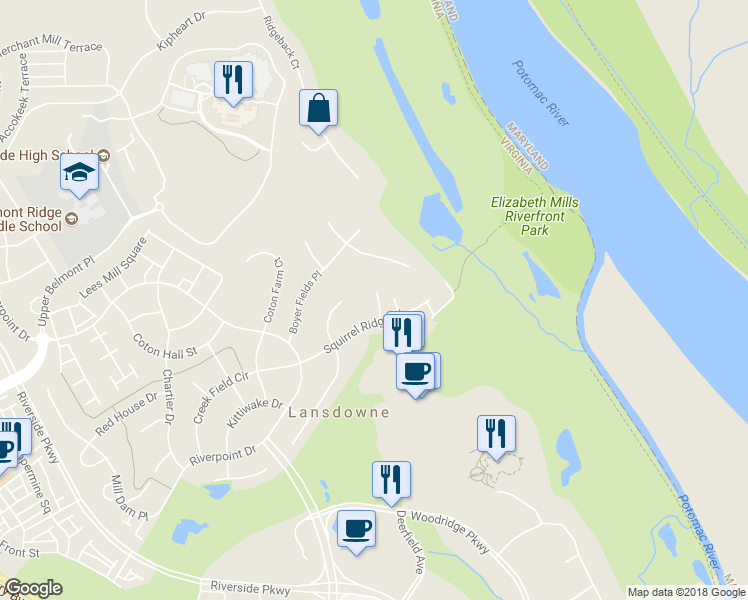 map of restaurants, bars, coffee shops, grocery stores, and more near 43482 Squirrel Ridge Place in Leesburg