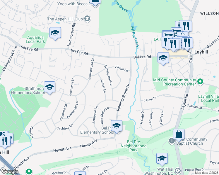 map of restaurants, bars, coffee shops, grocery stores, and more near 14016 Burning Bush Lane in Silver Spring