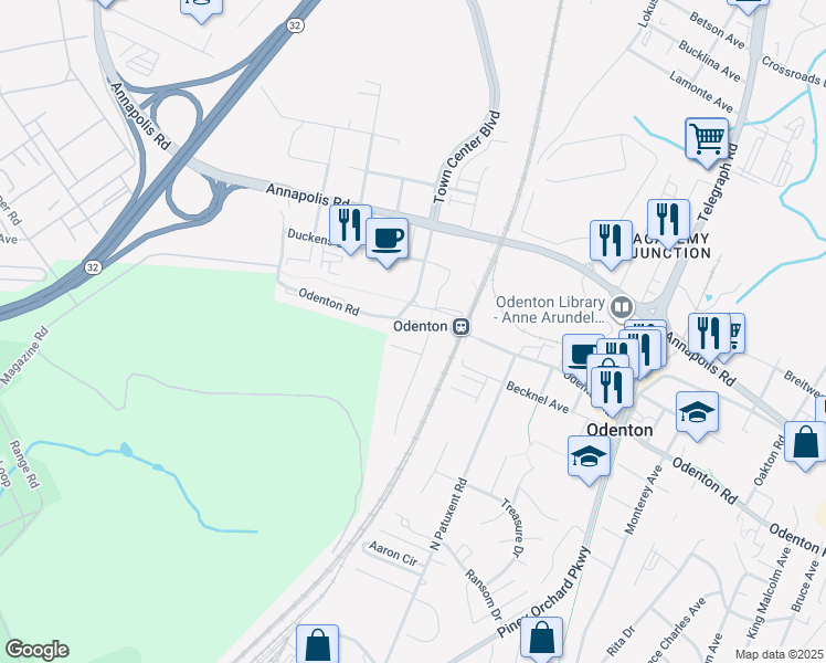 map of restaurants, bars, coffee shops, grocery stores, and more near 1419 Odenton Road in Odenton