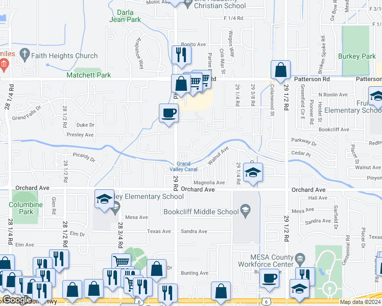 map of restaurants, bars, coffee shops, grocery stores, and more near 2907 Dawn Drive in Grand Junction