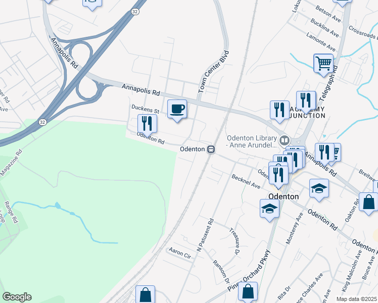 map of restaurants, bars, coffee shops, grocery stores, and more near 1419 Odenton Road in Odenton