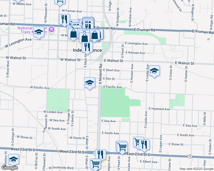 map of restaurants, bars, coffee shops, grocery stores, and more near 509 South Noland Road in Independence