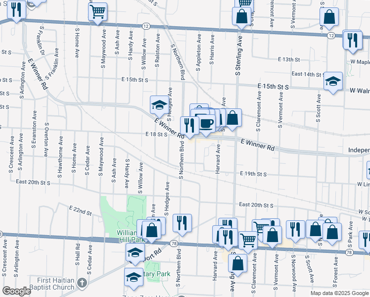 map of restaurants, bars, coffee shops, grocery stores, and more near 1817 South Northern Boulevard in Independence
