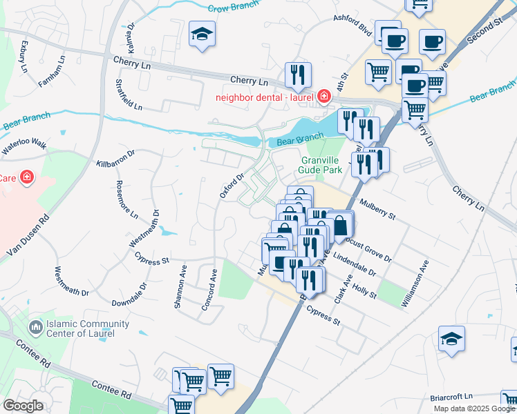 map of restaurants, bars, coffee shops, grocery stores, and more near 14231 Bowsprit Lane in Laurel