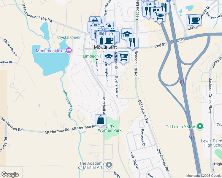 map of restaurants, bars, coffee shops, grocery stores, and more near 114 Franklyn Avenue in Monument