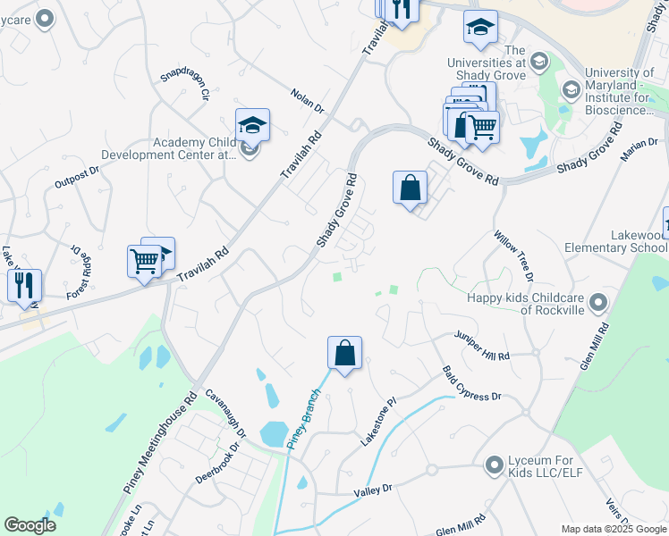 map of restaurants, bars, coffee shops, grocery stores, and more near 14109 Calabash Lane in Rockville