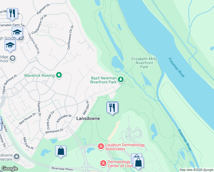 map of restaurants, bars, coffee shops, grocery stores, and more near 19120 Caddy Court in Leesburg