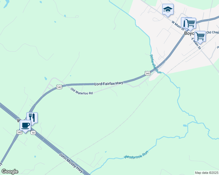 map of restaurants, bars, coffee shops, grocery stores, and more near 5 Old Waterloo Road in Boyce