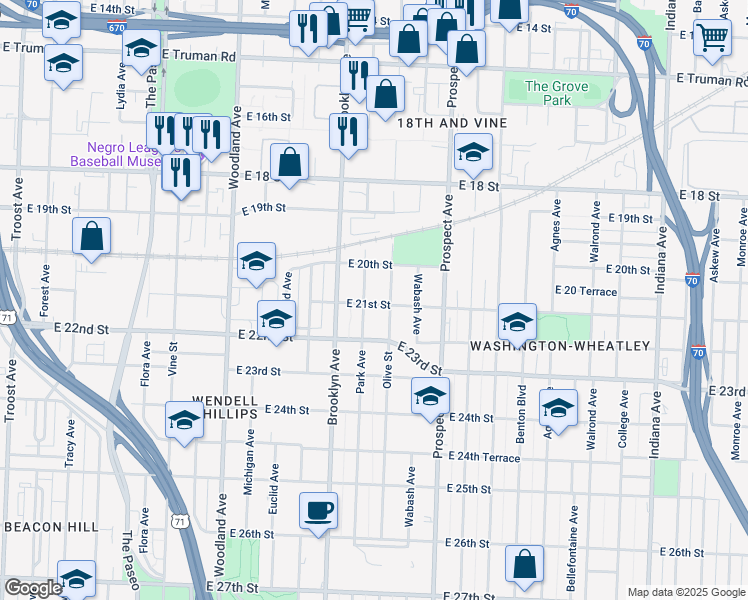 map of restaurants, bars, coffee shops, grocery stores, and more near 2023 Park Avenue in Kansas City