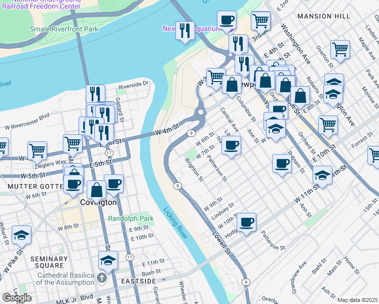 map of restaurants, bars, coffee shops, grocery stores, and more near 450 West 6th Street in Newport