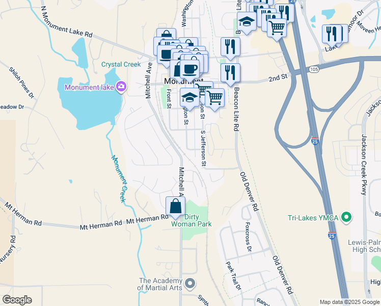 map of restaurants, bars, coffee shops, grocery stores, and more near 114 Franklyn Avenue in Monument