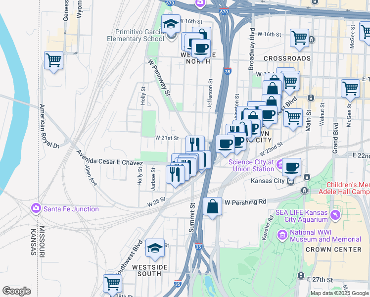 map of restaurants, bars, coffee shops, grocery stores, and more near 2117 Madison Ave in Kansas City