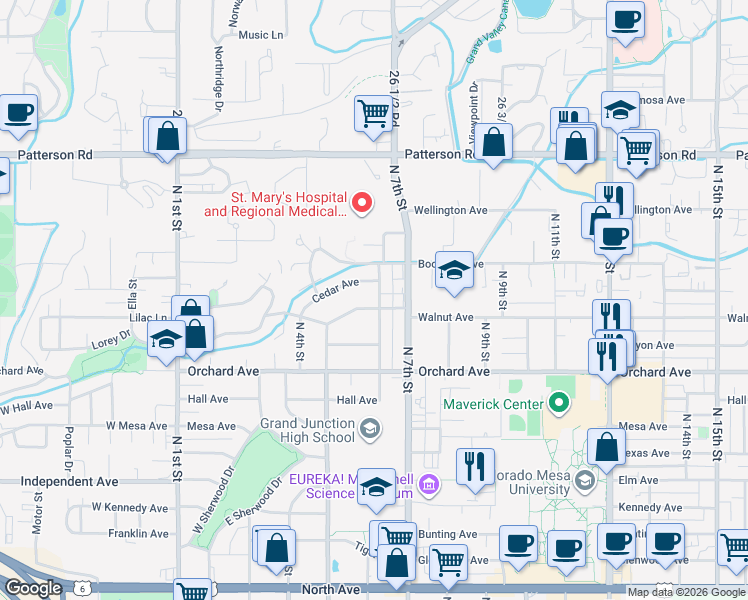 map of restaurants, bars, coffee shops, grocery stores, and more near 590 Walnut Ave in Grand Junction