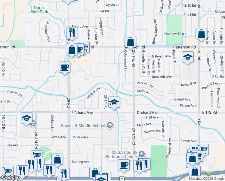 map of restaurants, bars, coffee shops, grocery stores, and more near 566 Garfield Drive in Grand Junction