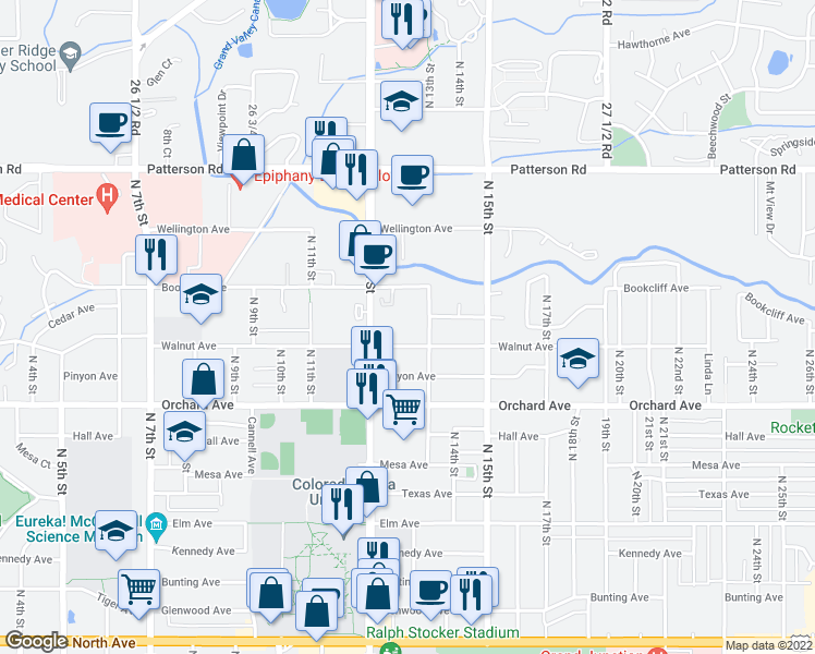 map of restaurants, bars, coffee shops, grocery stores, and more near 2125 North 13th Street in Grand Junction