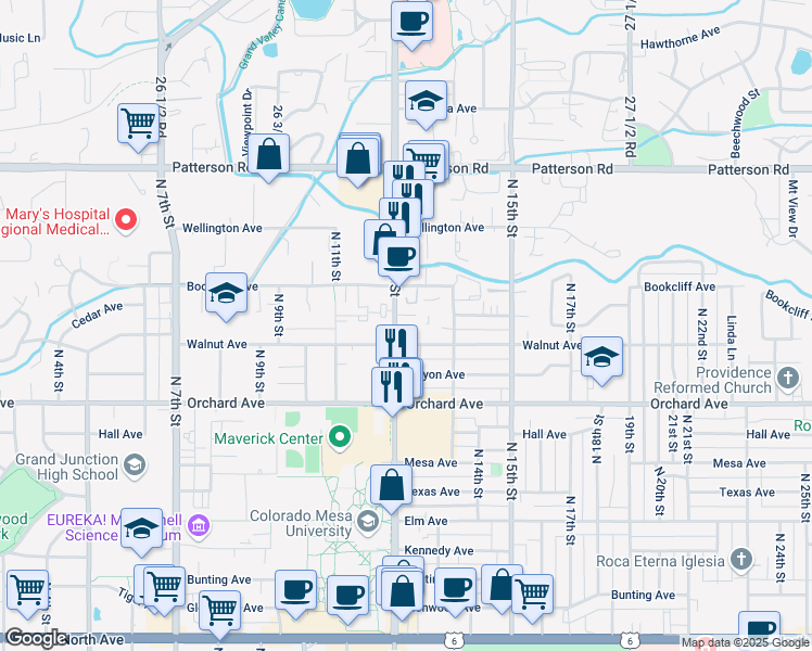 map of restaurants, bars, coffee shops, grocery stores, and more near 1204 Walnut Avenue in Grand Junction