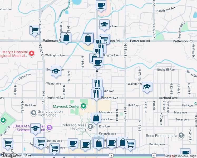 map of restaurants, bars, coffee shops, grocery stores, and more near 1204 Walnut Avenue in Grand Junction