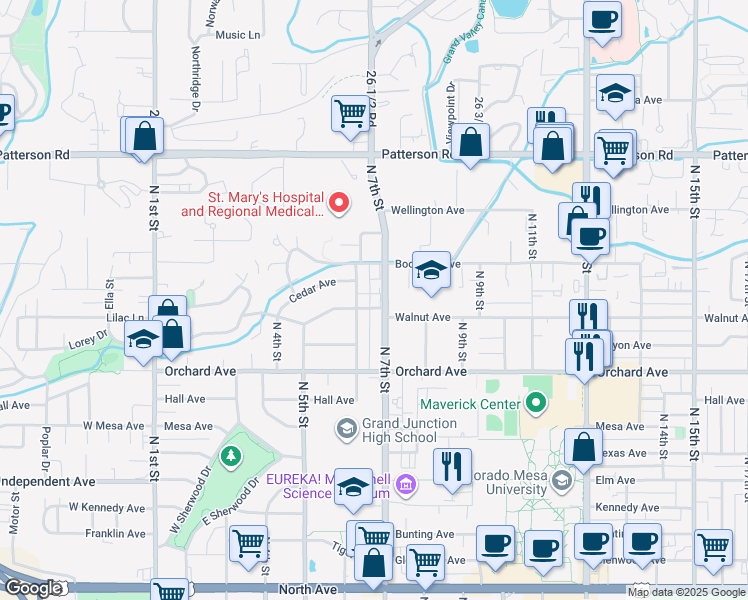 map of restaurants, bars, coffee shops, grocery stores, and more near 2115 North 7th Street in Grand Junction