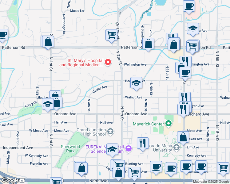 map of restaurants, bars, coffee shops, grocery stores, and more near 590 Walnut Avenue in Grand Junction