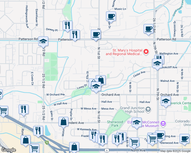 map of restaurants, bars, coffee shops, grocery stores, and more near 2119 North 1st Street in Grand Junction