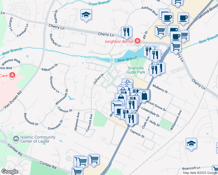 map of restaurants, bars, coffee shops, grocery stores, and more near 14229 Bowsprit Lane in Laurel