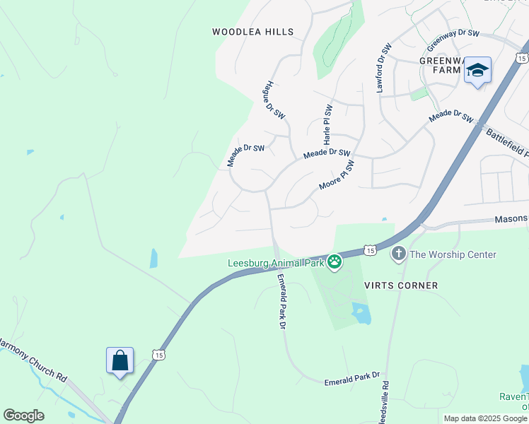 map of restaurants, bars, coffee shops, grocery stores, and more near 1507 Woodlea Drive Southwest in Leesburg