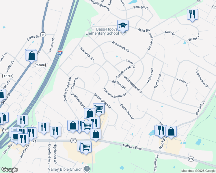 map of restaurants, bars, coffee shops, grocery stores, and more near 219 Fredericktowne Drive in Stephens City