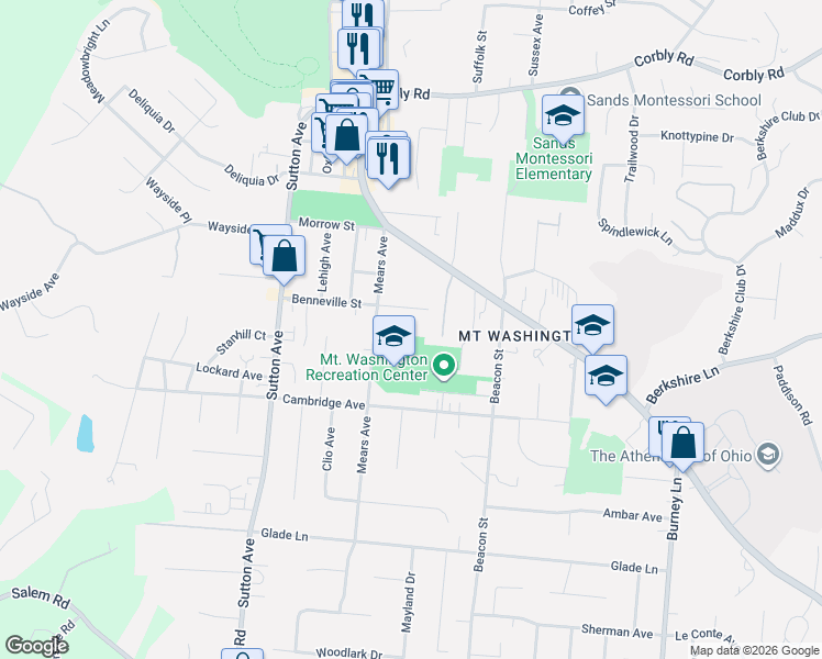 map of restaurants, bars, coffee shops, grocery stores, and more near 6247 Benneville Street in Cincinnati