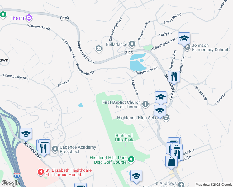 map of restaurants, bars, coffee shops, grocery stores, and more near 121 Ridgeway Avenue in Fort Thomas
