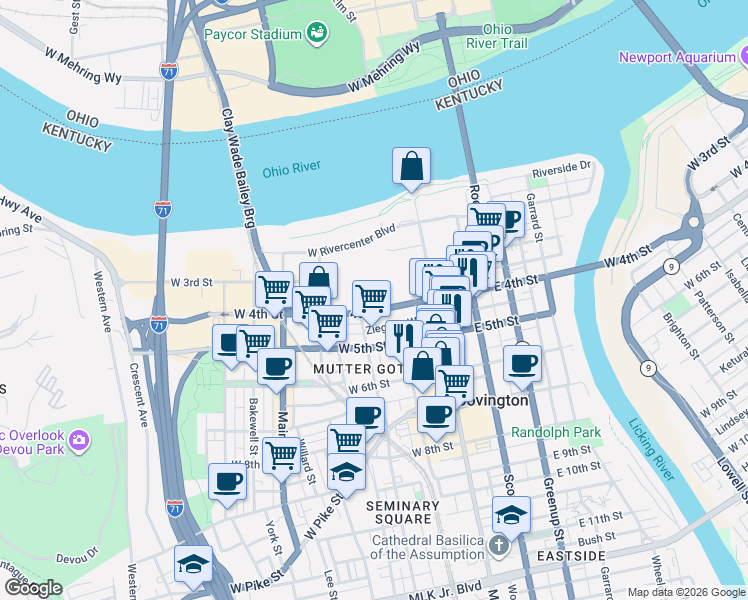 map of restaurants, bars, coffee shops, grocery stores, and more near 4 East 2nd Street in Covington