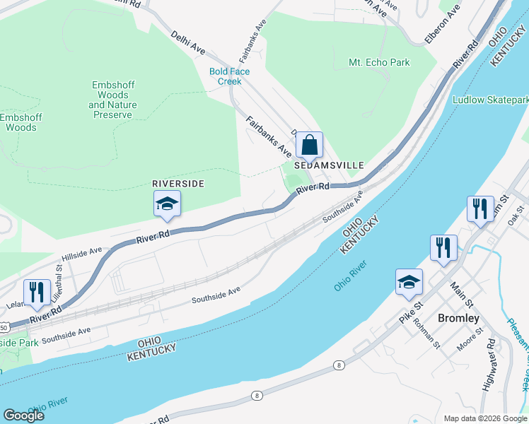 map of restaurants, bars, coffee shops, grocery stores, and more near 3110 Ohio River Scenic Byway in Cincinnati