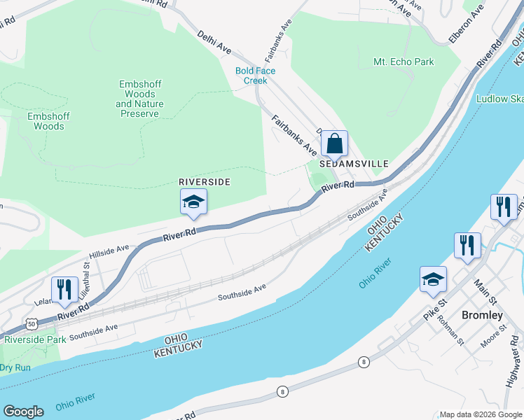map of restaurants, bars, coffee shops, grocery stores, and more near 3140 Ohio River Scenic Byway in Cincinnati