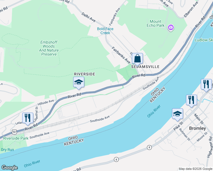 map of restaurants, bars, coffee shops, grocery stores, and more near 3176 River Road in Cincinnati
