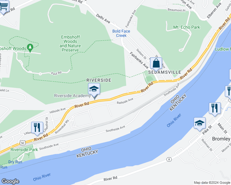 map of restaurants, bars, coffee shops, grocery stores, and more near 3176 River Road in Cincinnati