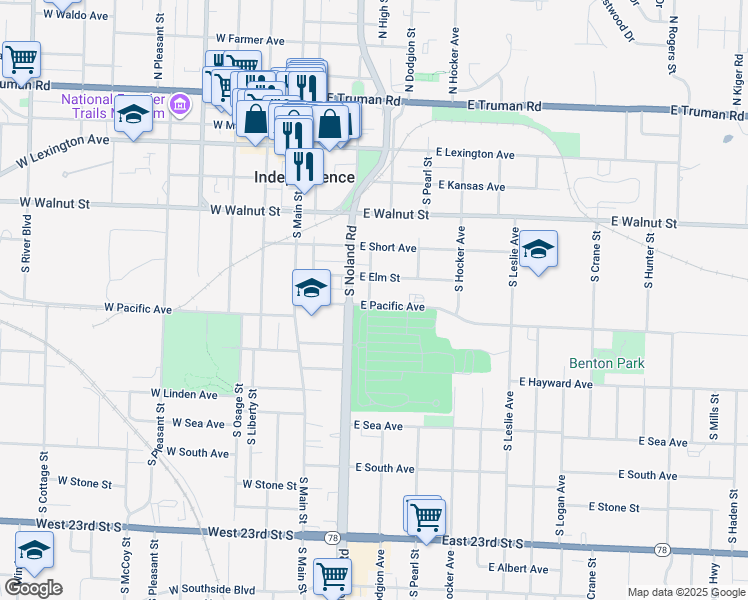 map of restaurants, bars, coffee shops, grocery stores, and more near 509 South Noland Road in Independence