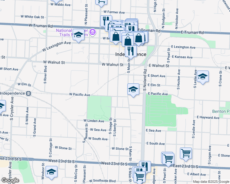 map of restaurants, bars, coffee shops, grocery stores, and more near 524 South Liberty Street in Independence