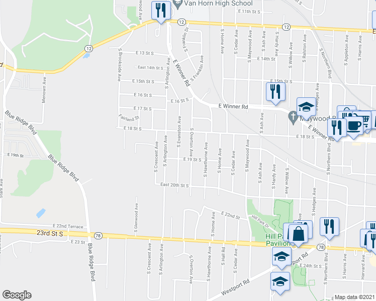 map of restaurants, bars, coffee shops, grocery stores, and more near 1822 S Overton Ave in Independence