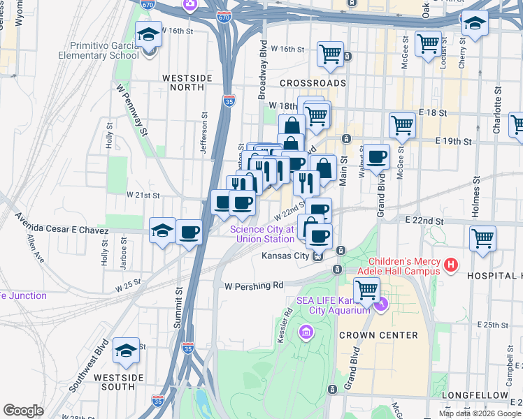 map of restaurants, bars, coffee shops, grocery stores, and more near 2109 Northwestern Avenue in Kansas City