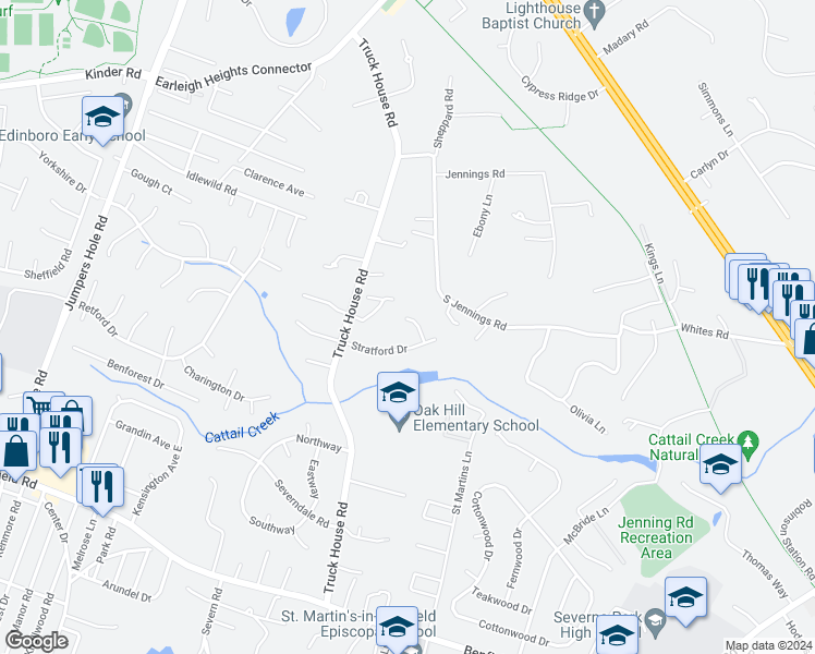 map of restaurants, bars, coffee shops, grocery stores, and more near 360 Ellenham Court in Severna Park