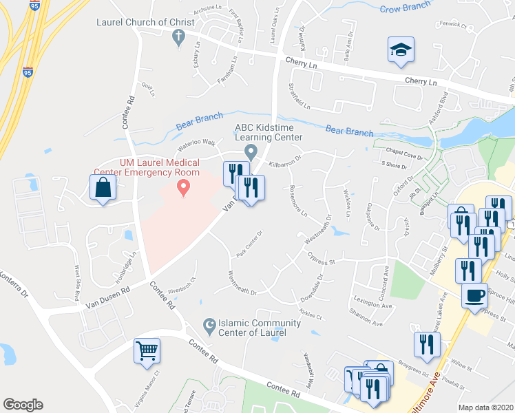 map of restaurants, bars, coffee shops, grocery stores, and more near 7401 Van Dusen Road in Laurel