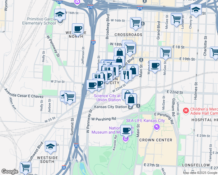 map of restaurants, bars, coffee shops, grocery stores, and more near 2109 Northwestern Avenue in Kansas City